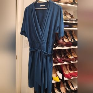 NWOT Eliza J Faux Wrap Midi Mini Jersey Dress Dolman Sleeves Teal Size 14
